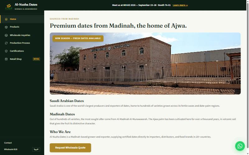 Al Nuzha Dates homepage, "Premium dates from Madinah, the home of Ajwa," with the Madinah production facility