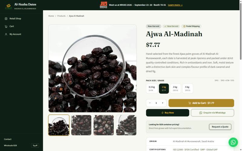 Al Nuzha Dates product detail page for Ajwa Al-Madinah, with pack sizes, pricing and add-to-cart