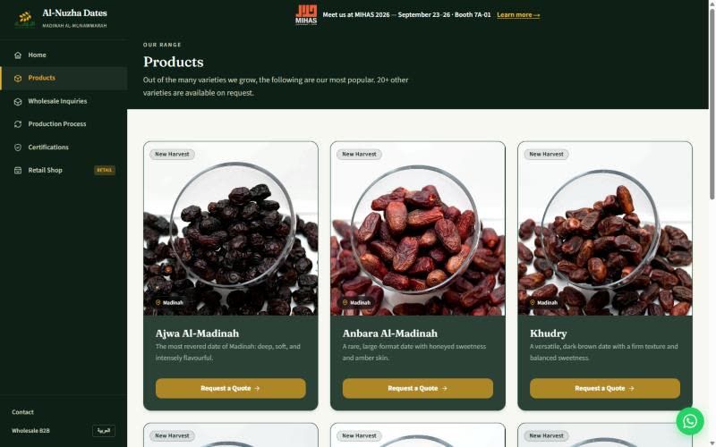 Al Nuzha Dates website product listing page, showing Ajwa, Anbara and Khudry date varieties