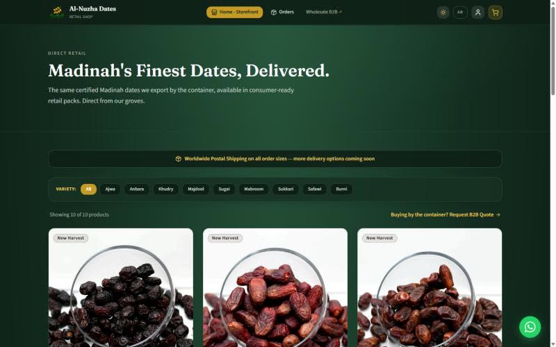 Al Nuzha Dates retail storefront page with product grid and variety filters